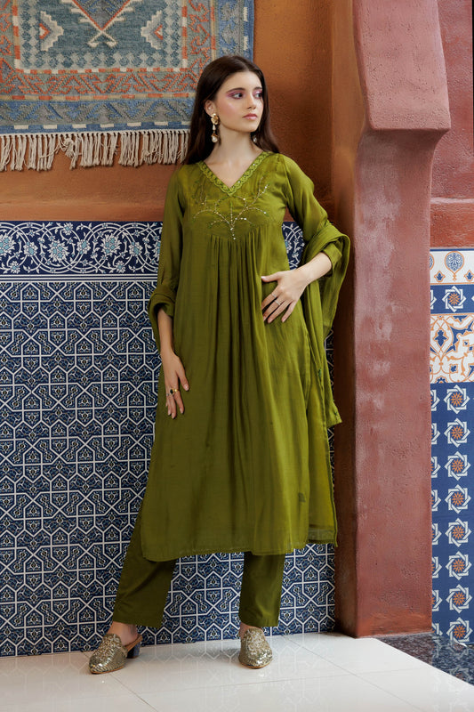 Green Olive Embroidered Kurta Set
