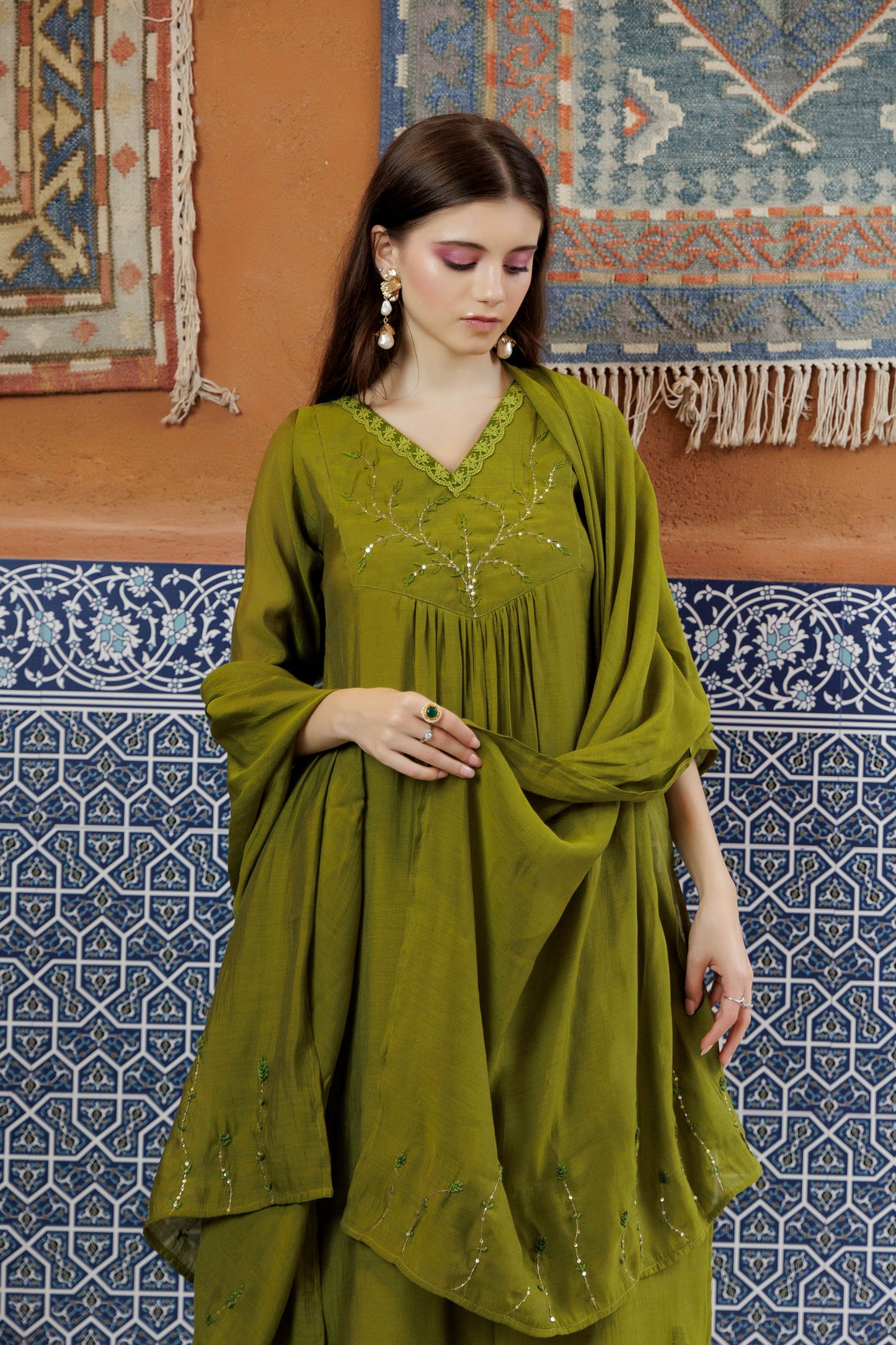 Green Olive Embroidered Kurta Set