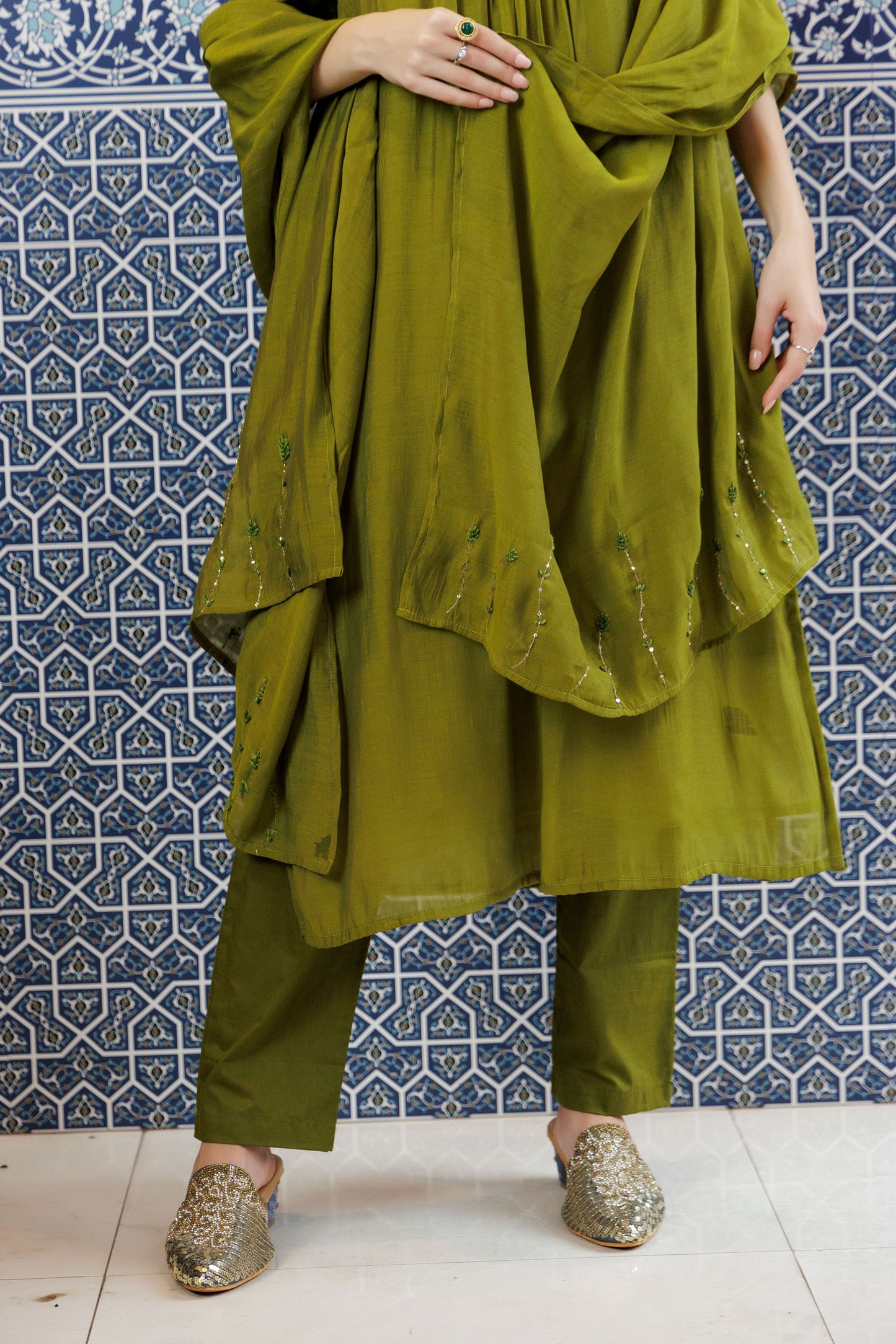 Green Olive Embroidered Kurta Set