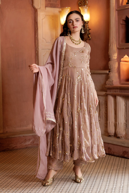 Champagne Gold Embroidered Anarkali Suit Set
