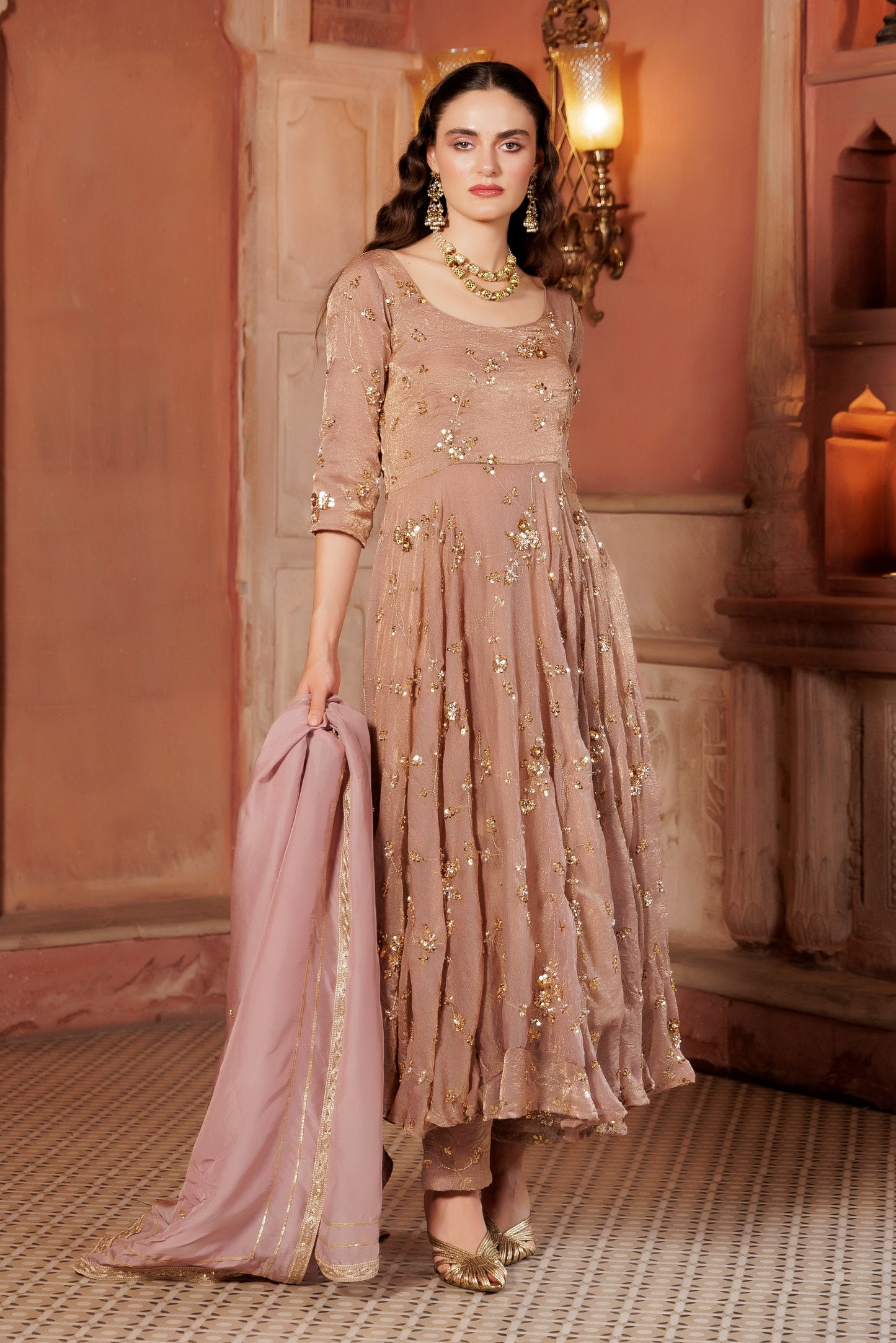 Champagne Gold Embroidered Anarkali Suit Set