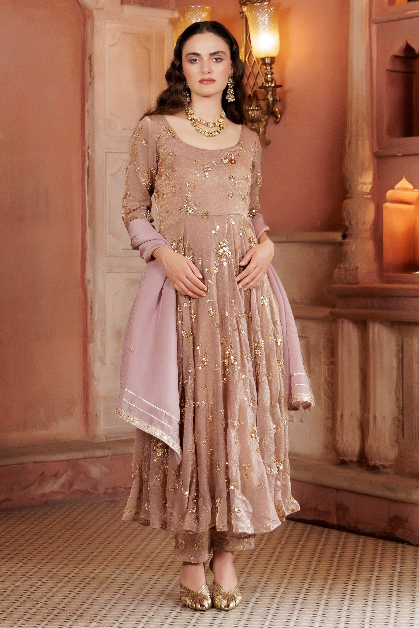 Champagne Gold Embroidered Anarkali Suit Set