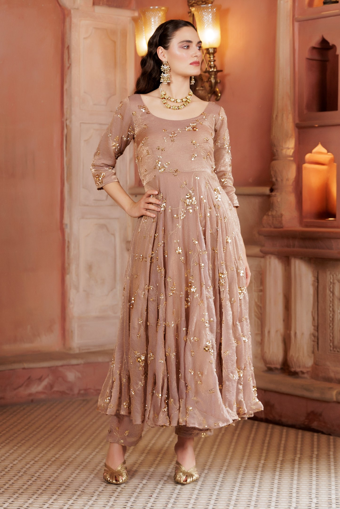 Champagne Gold Embroidered Anarkali Suit Set