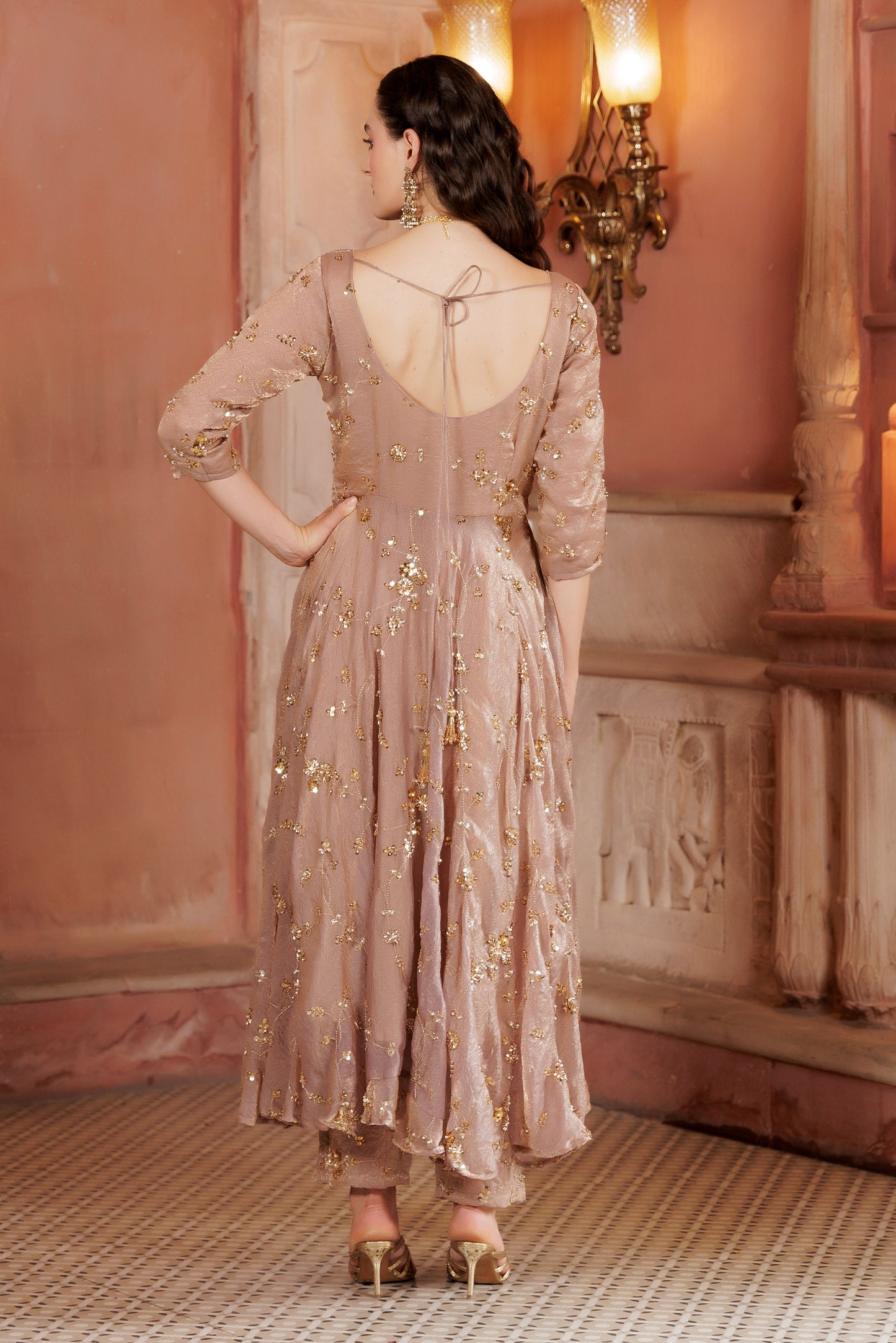 Champagne Gold Embroidered Anarkali Suit Set