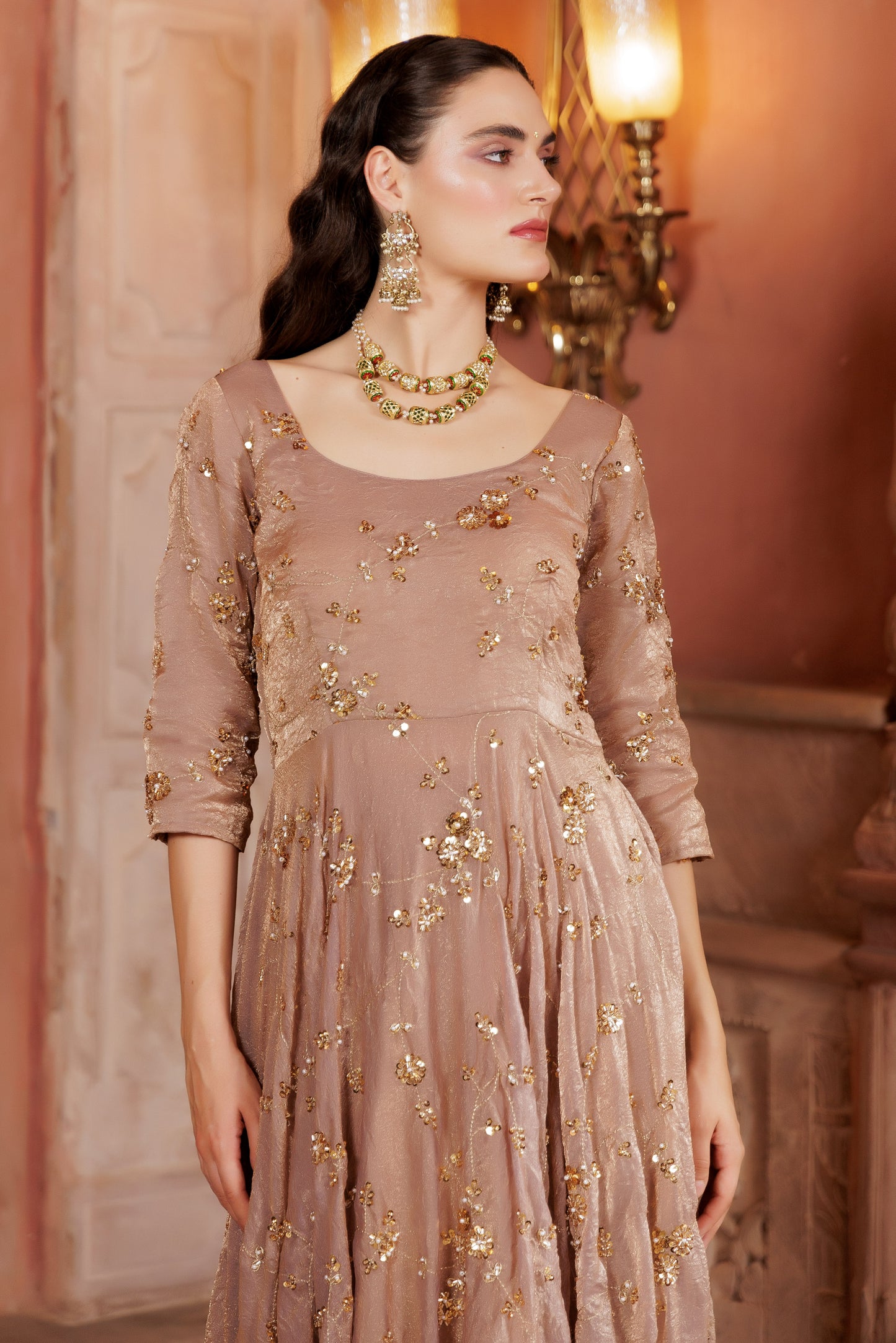 Champagne Gold Embroidered Anarkali Suit Set