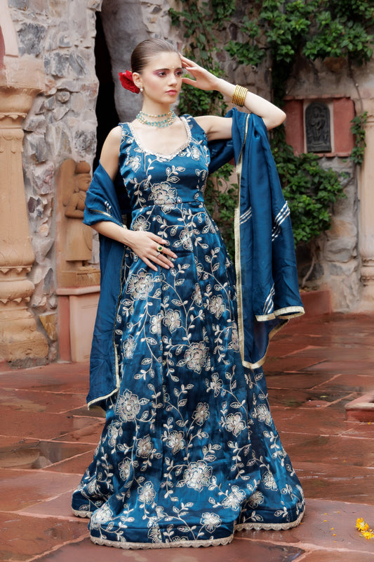Noor Teal Embroidered Festive Maxi Dress