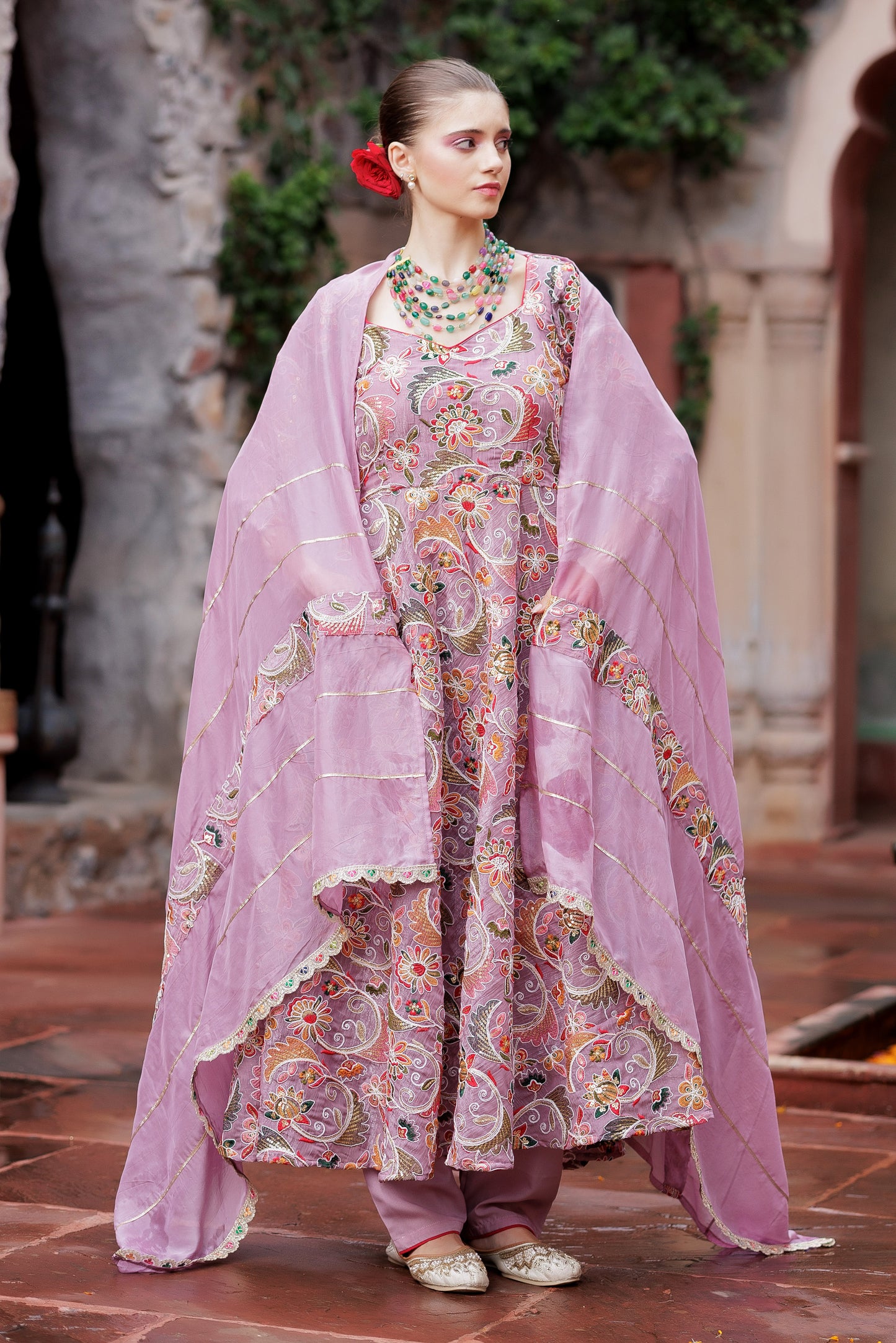Mauve Meadow Floral Anarkali Ensemble