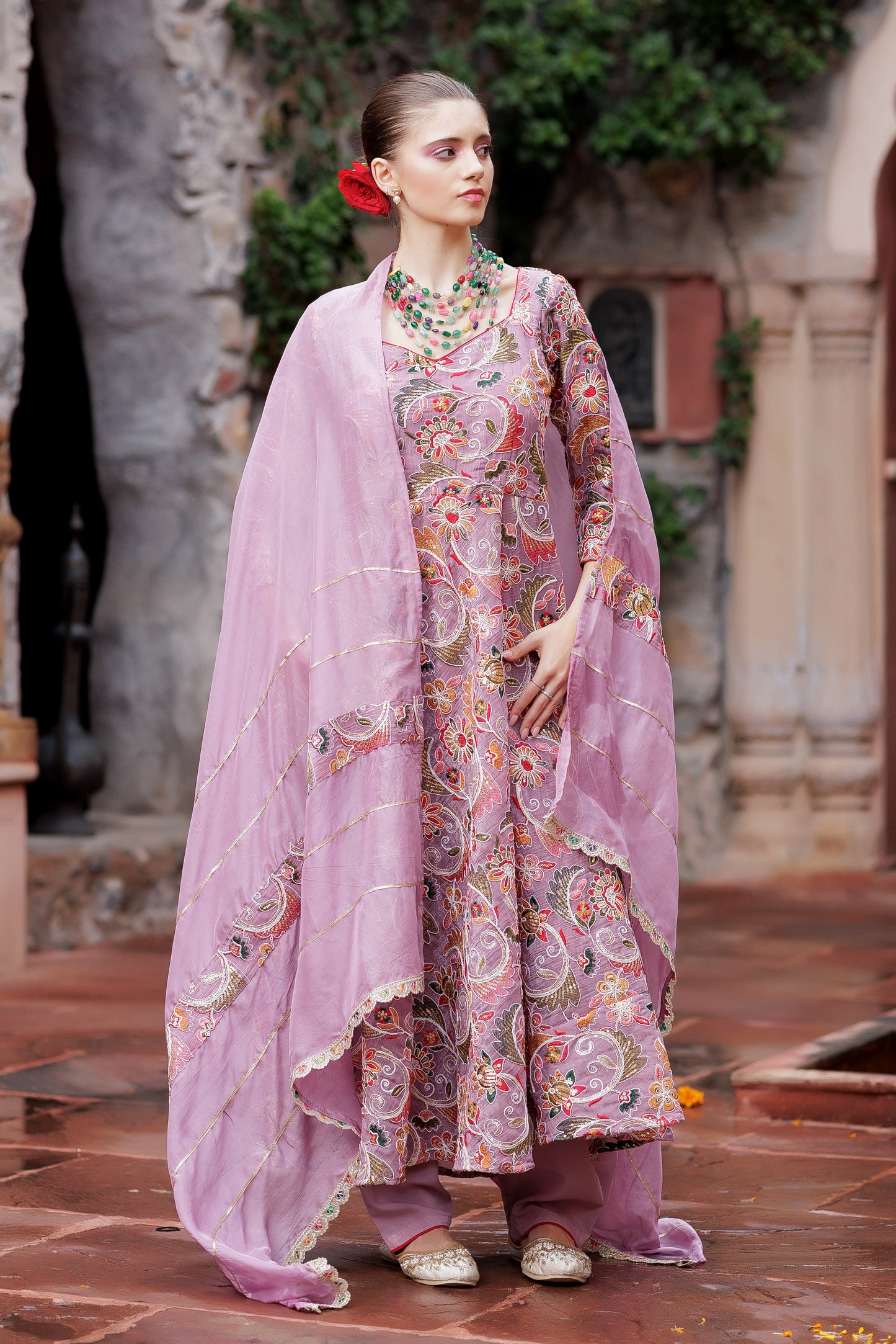 Mauve Meadow Floral Anarkali Ensemble