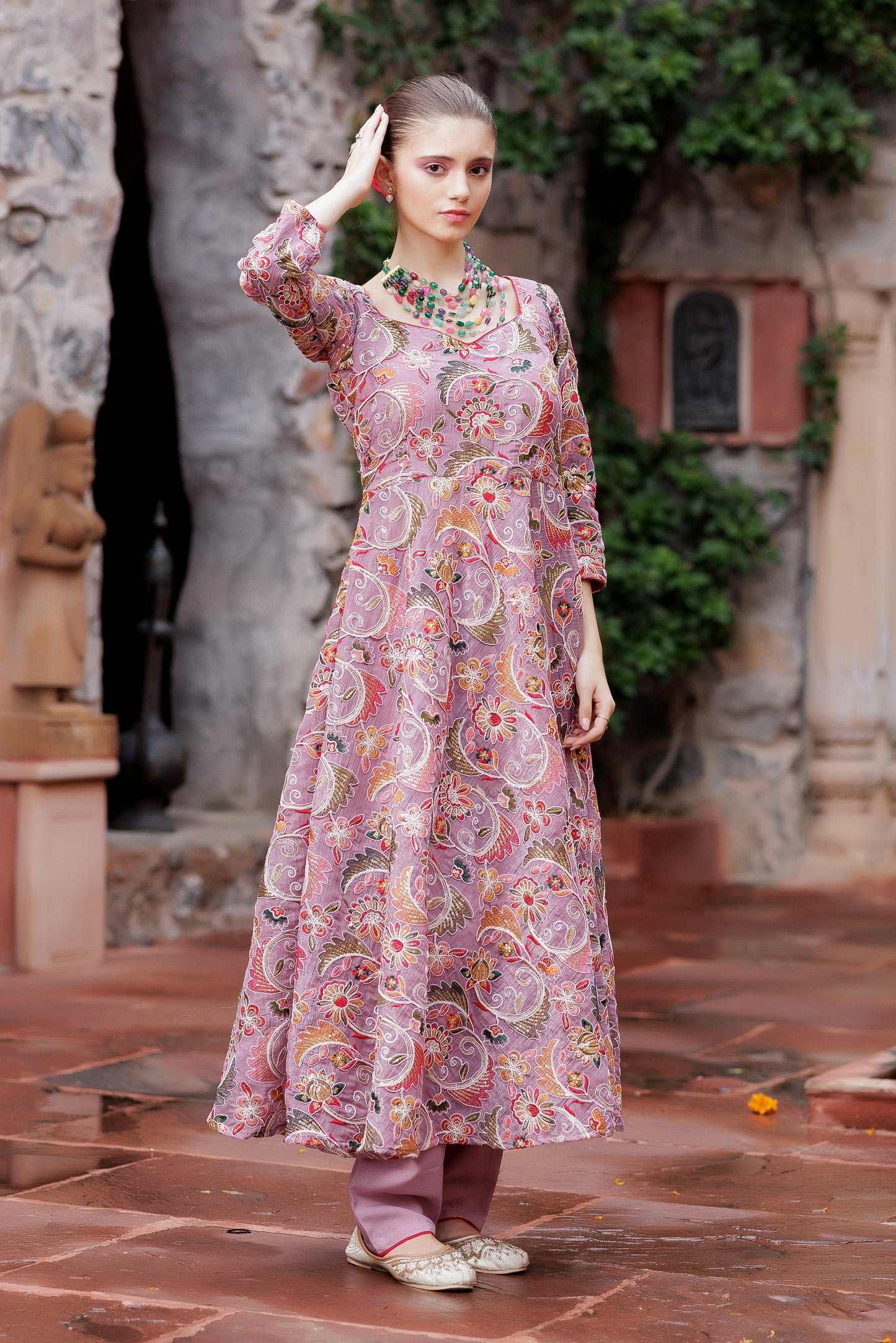 Mauve Meadow Floral Anarkali Ensemble