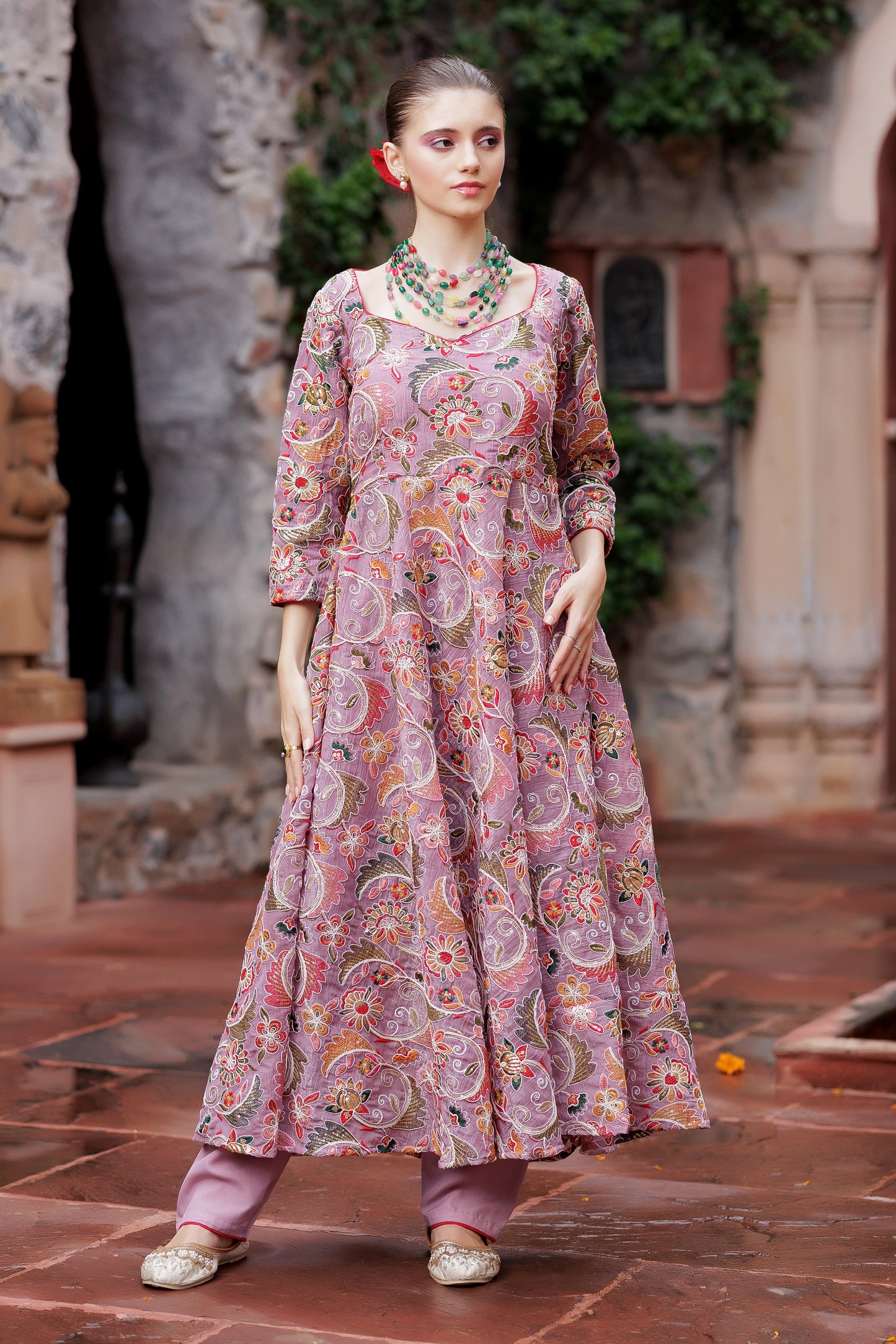 Mauve Meadow Floral Anarkali Ensemble