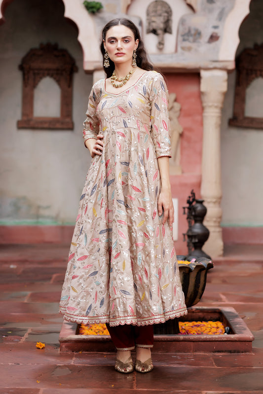 Festive Beige Leaf Embroidered Anarkali Suit Set