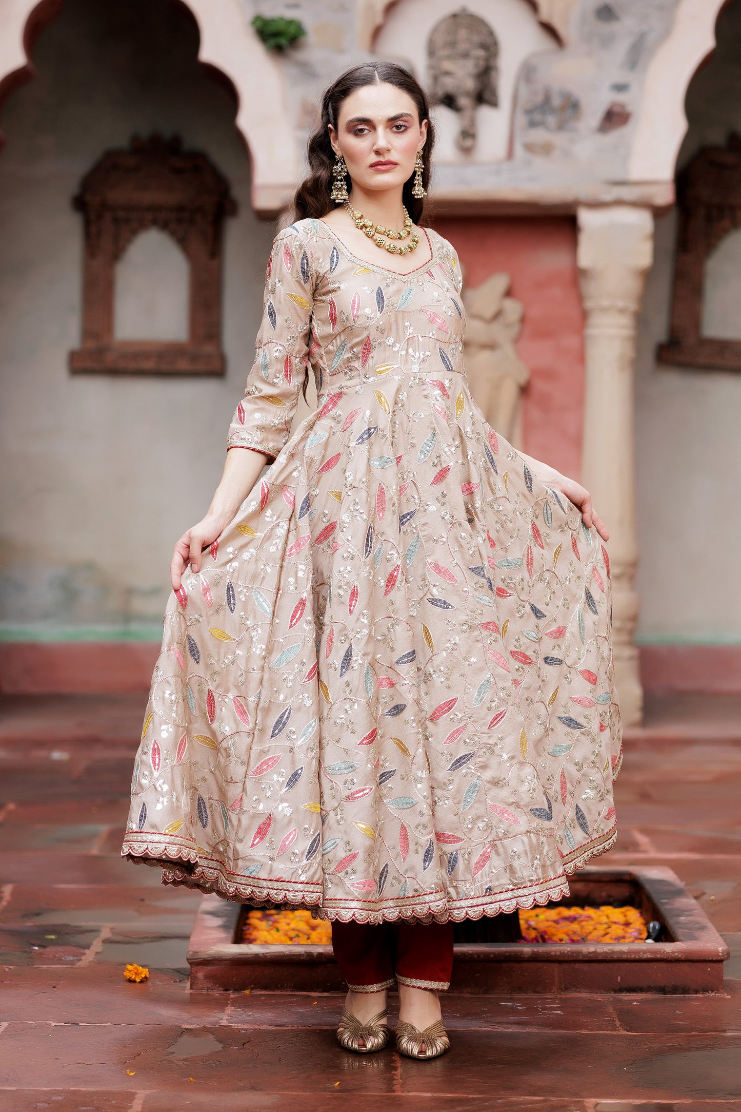 Festive Beige Leaf Embroidered Anarkali Suit Set