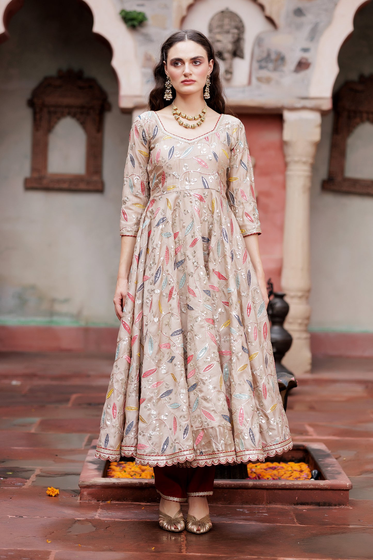 Festive Beige Leaf Embroidered Anarkali Suit Set