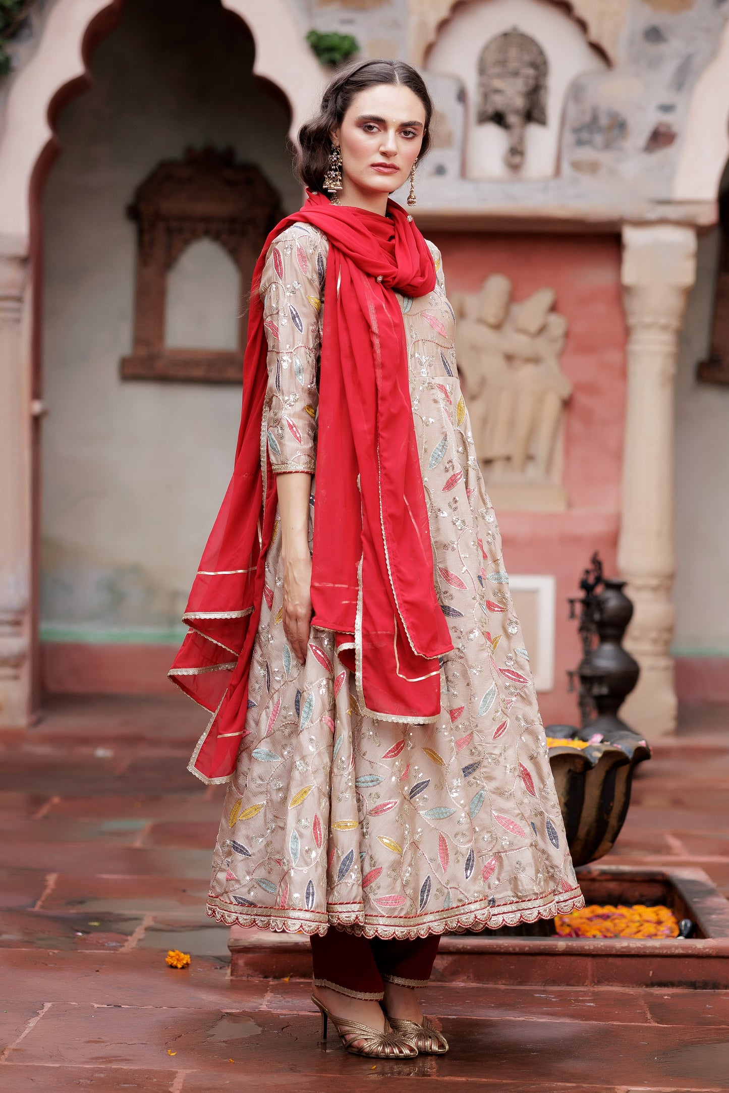 Festive Beige Leaf Embroidered Anarkali Suit Set