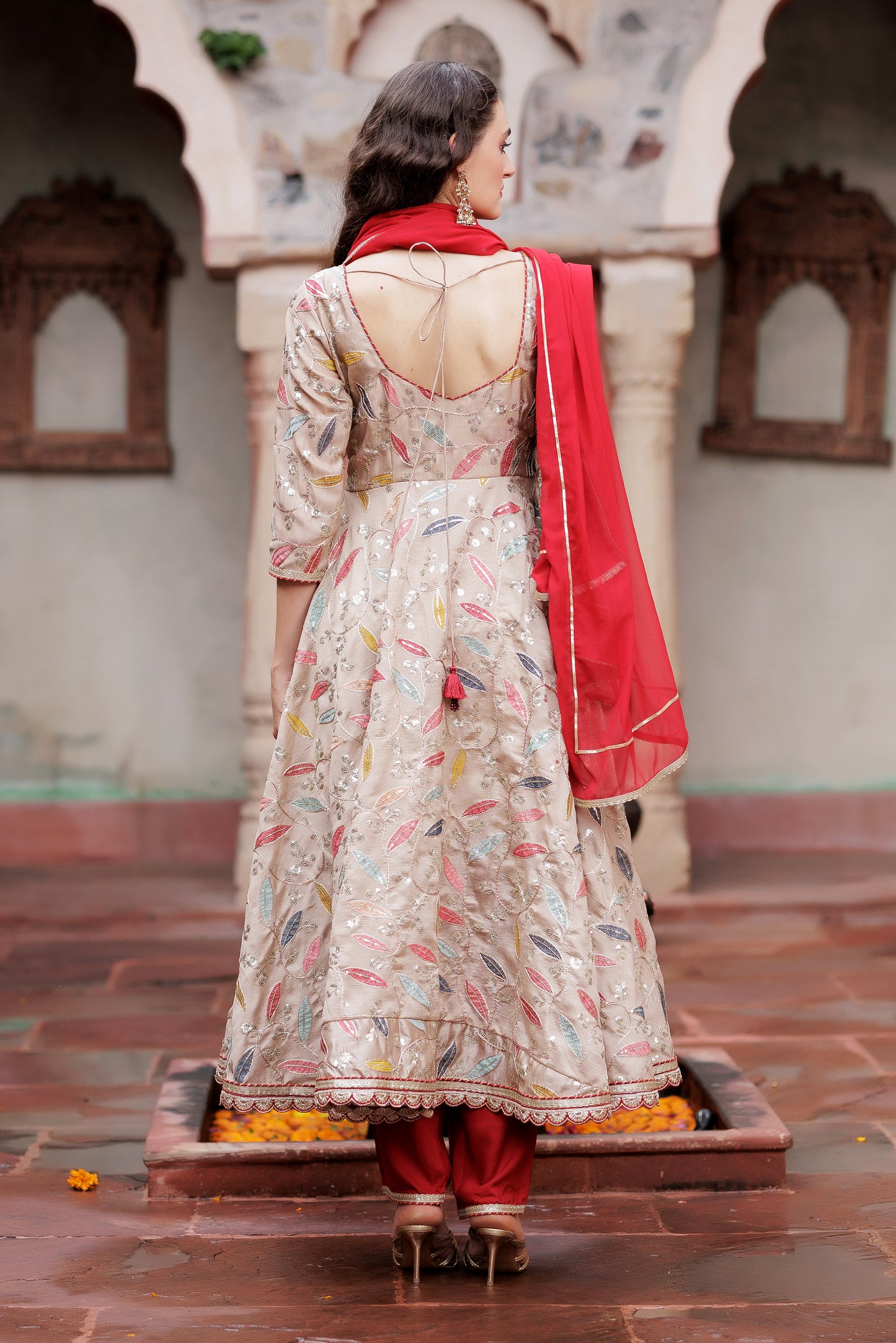 Festive Beige Leaf Embroidered Anarkali Suit Set