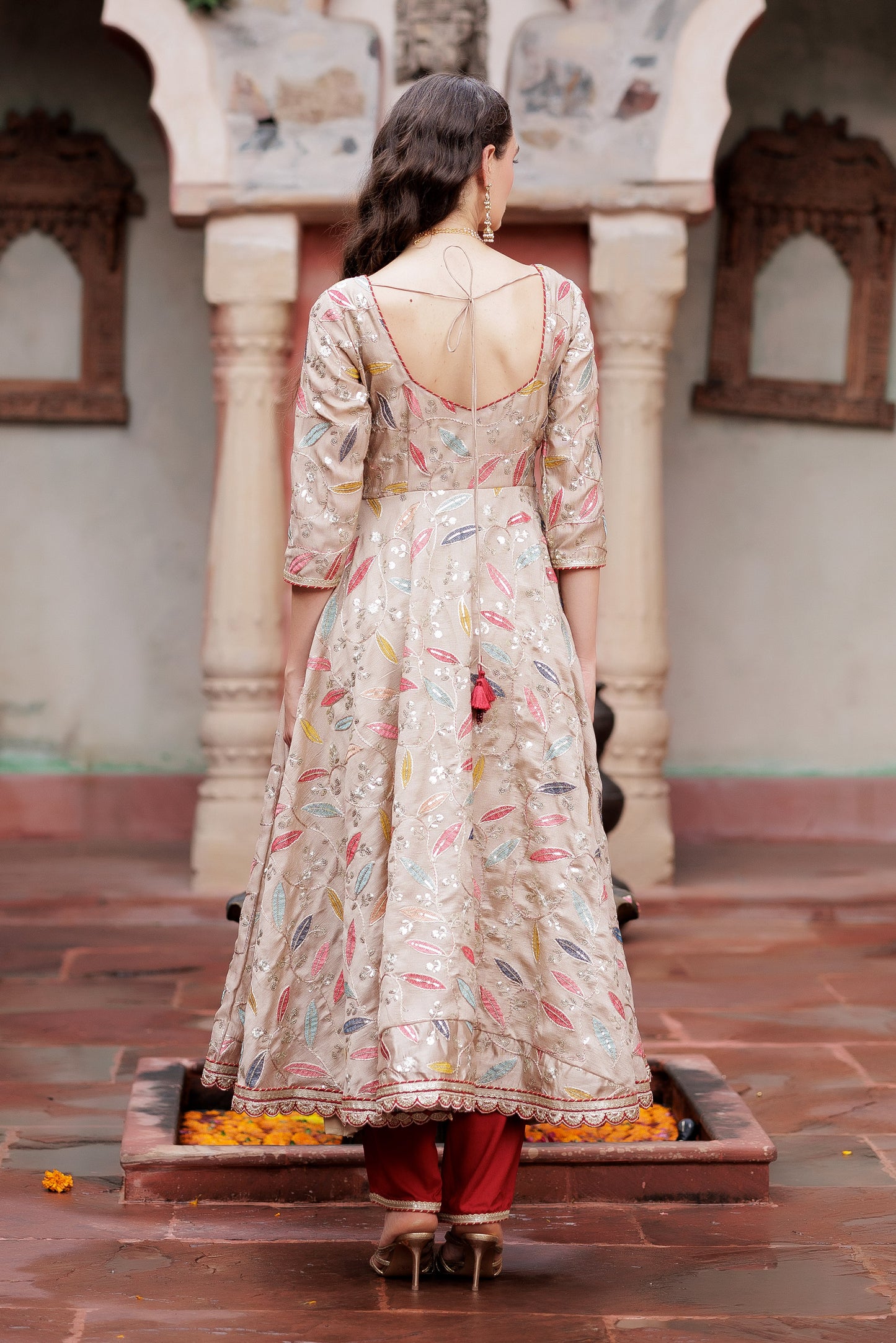 Festive Beige Leaf Embroidered Anarkali Suit Set