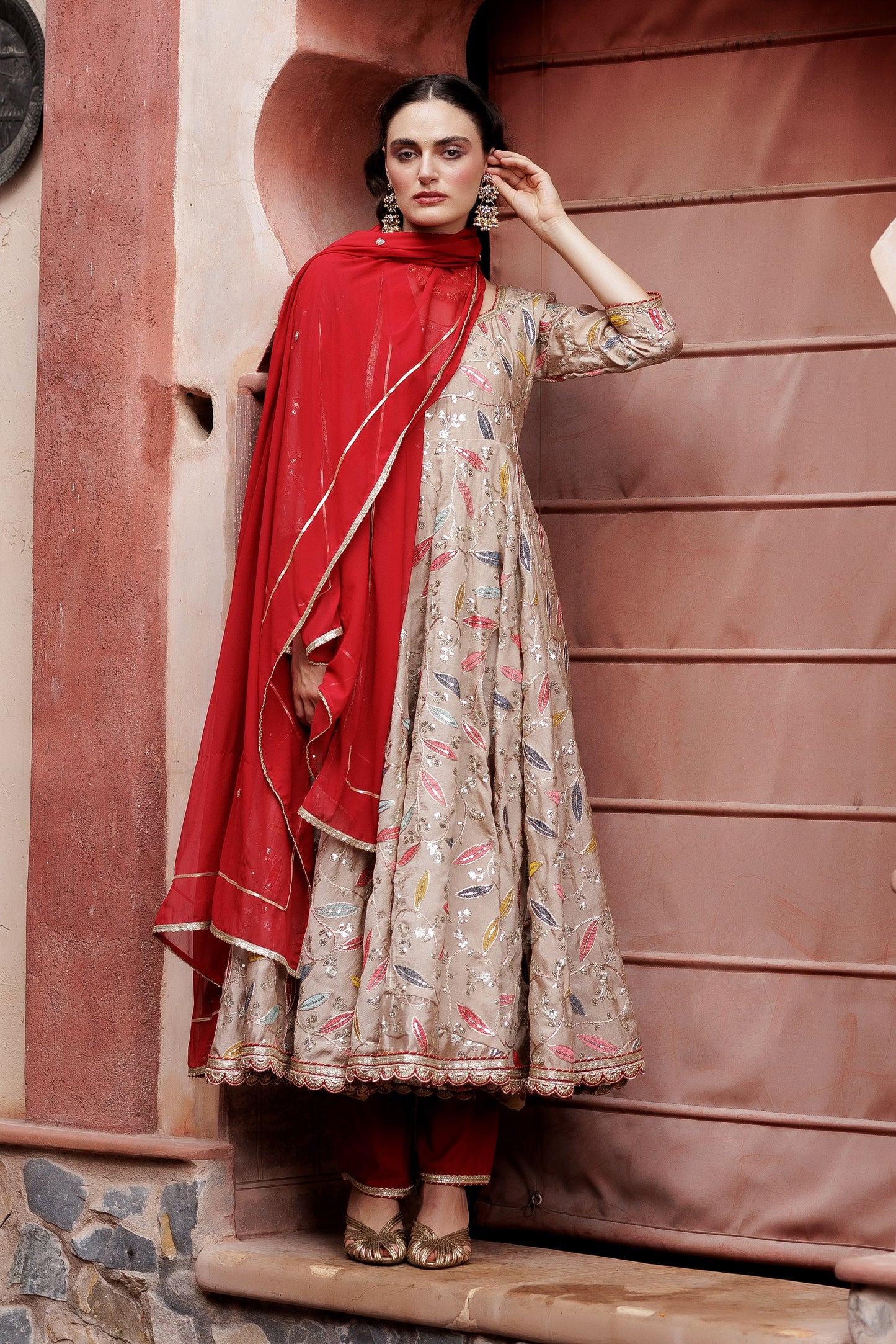Festive Beige Leaf Embroidered Anarkali Suit Set