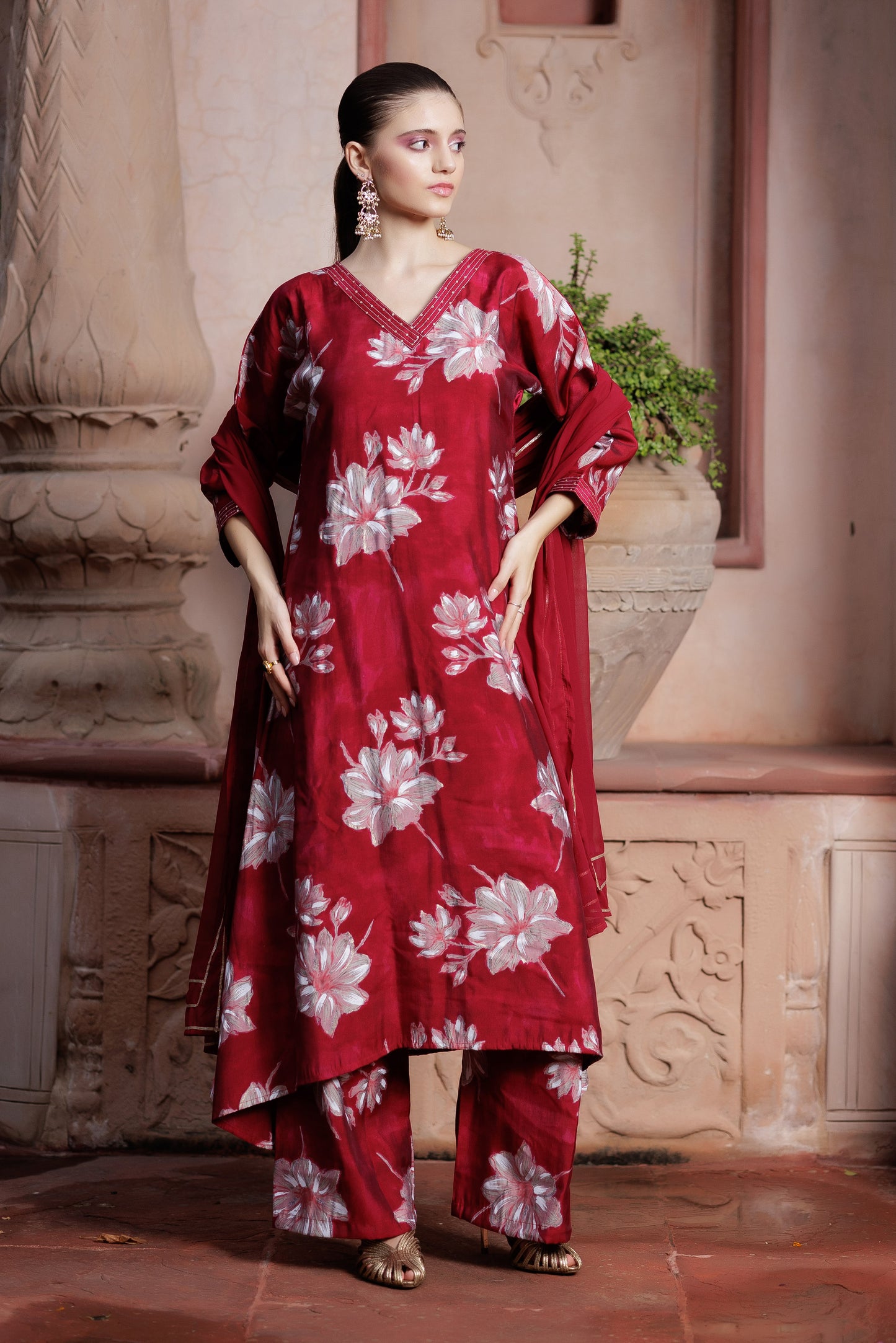 Scarlet Petal Embroidered Suit Ensemble