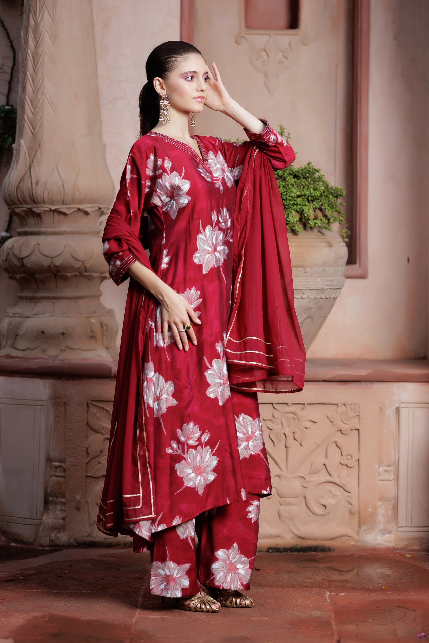 Scarlet Petal Embroidered Suit Ensemble