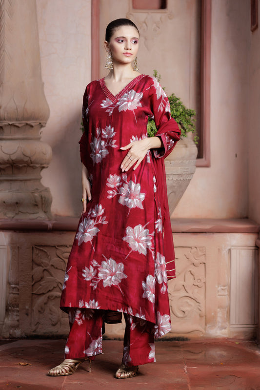 Scarlet Petal Embroidered Suit Ensemble