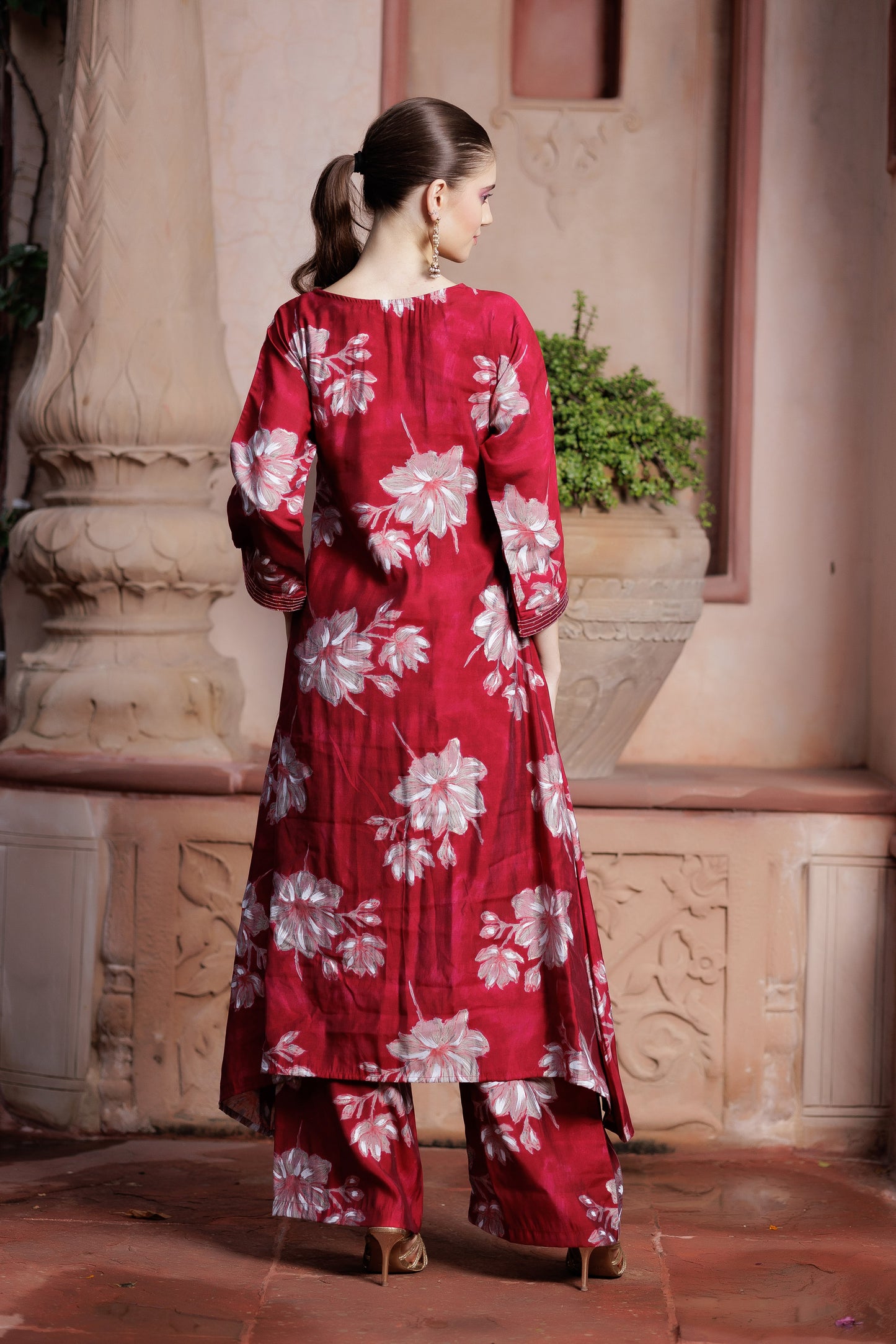 Scarlet Petal Embroidered Suit Ensemble
