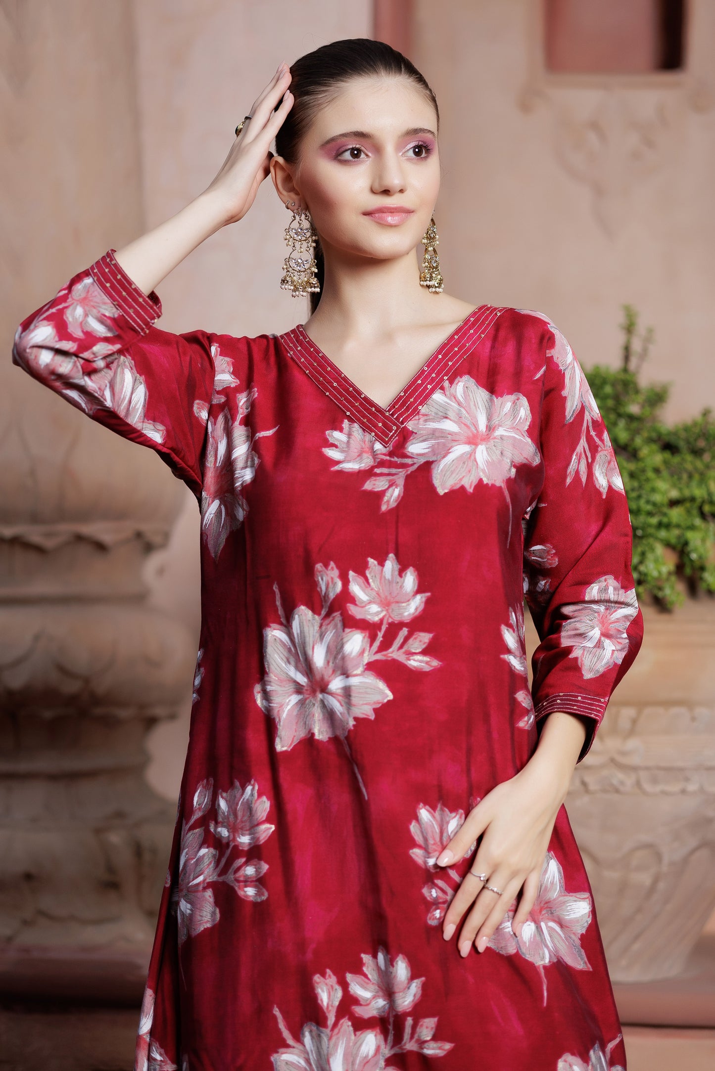 Scarlet Petal Embroidered Suit Ensemble