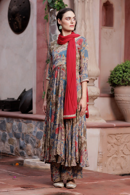 Teal Chinon Anarkali