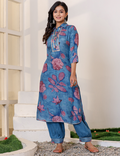 Blue Pure Muslin Kurti Set