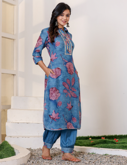 Blue Pure Muslin Kurti Set