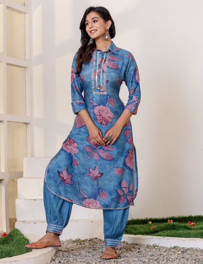 Blue Pure Muslin Kurti Set