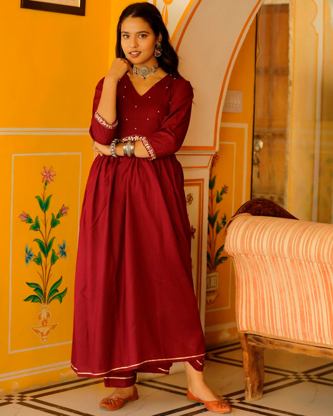 Maroon Silk Embroidered Wedding Party Anarkali Suit