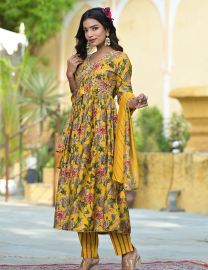 Yellow Modal Floral Printed Dupatta Set