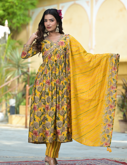 Yellow Modal Floral Printed Dupatta Set