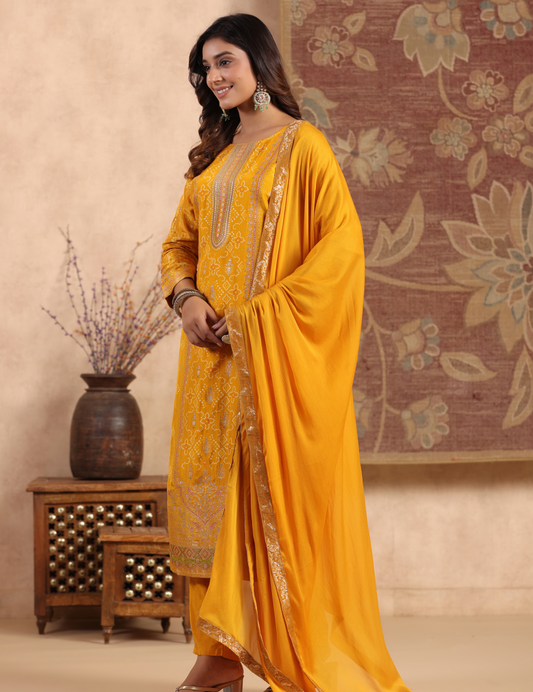 Gold Dola Silk with Position Print Dupatta Set