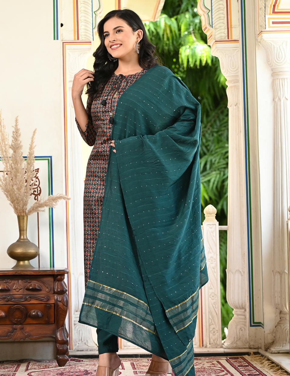 Green Tussar Silk Printed Dupatta Set