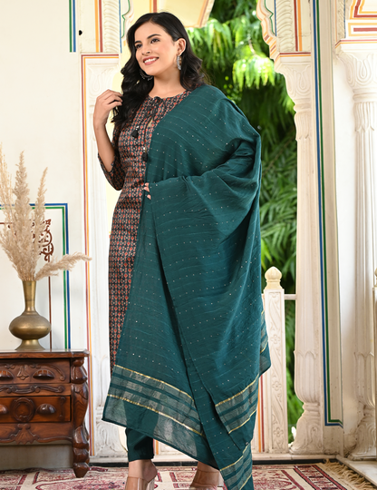 Green Tussar Silk Printed Dupatta Set