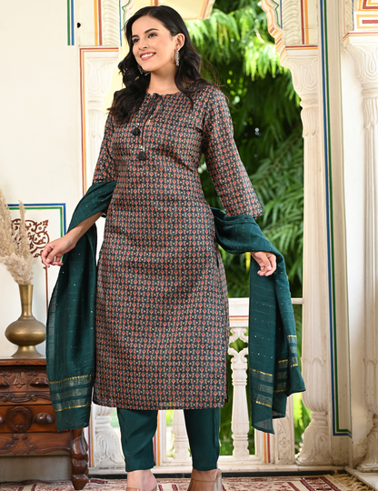 Green Tussar Silk Printed Dupatta Set