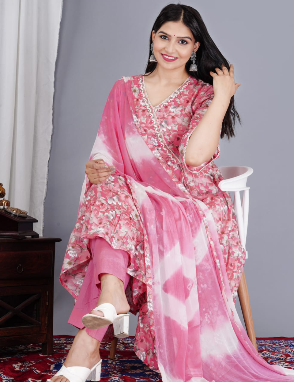 Pink Mulmul Floral Printed Dupatta Set