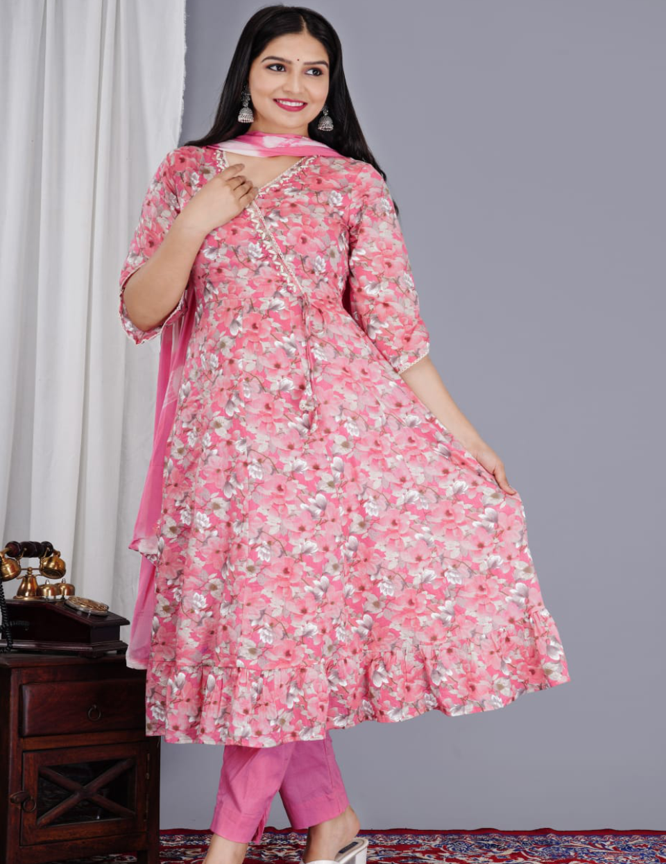 Pink Mulmul Floral Printed Dupatta Set