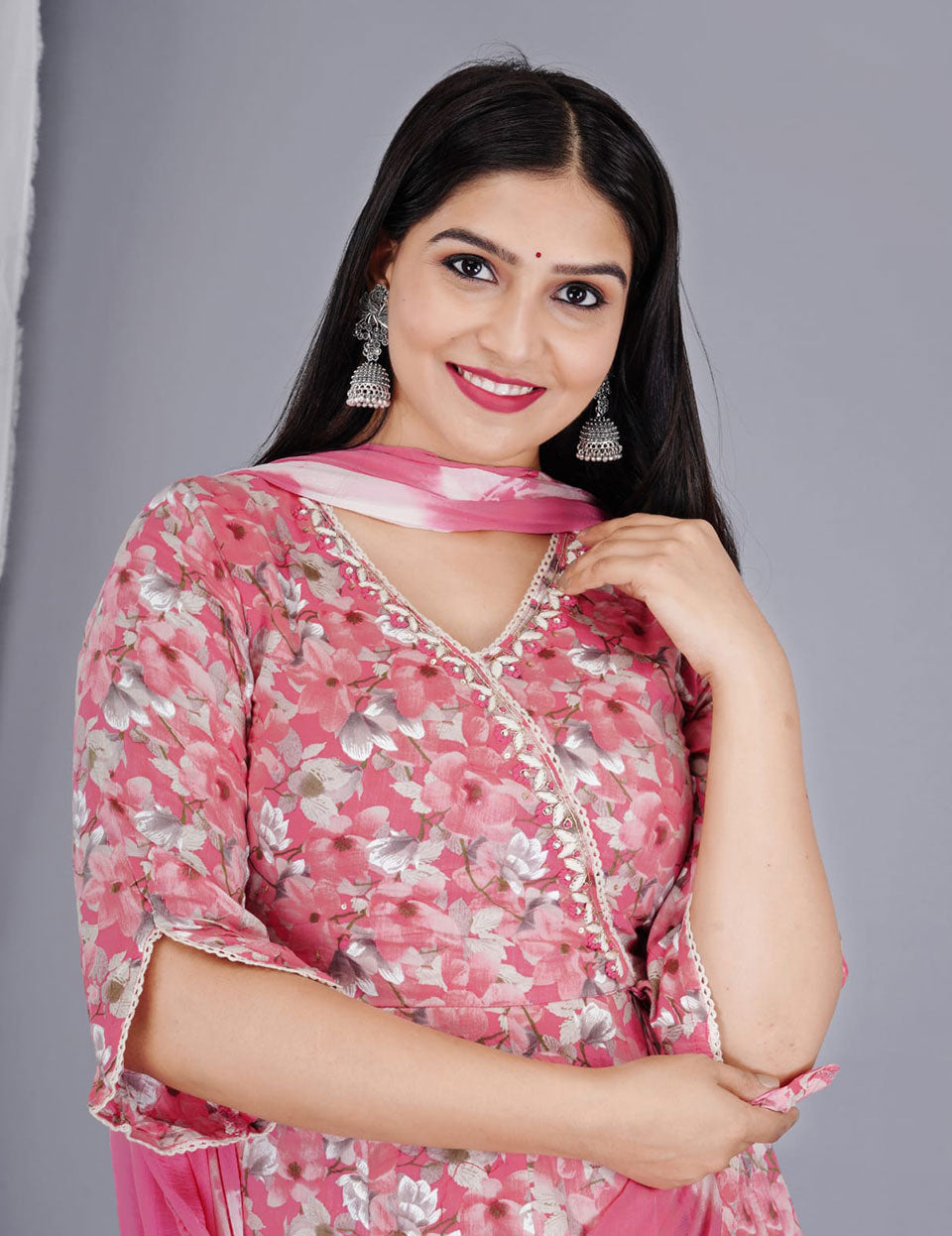 Pink Mulmul Floral Printed Dupatta Set