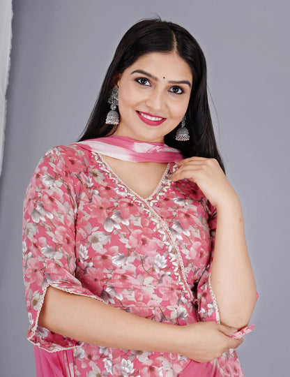 Pink Mulmul Floral Printed Dupatta Set