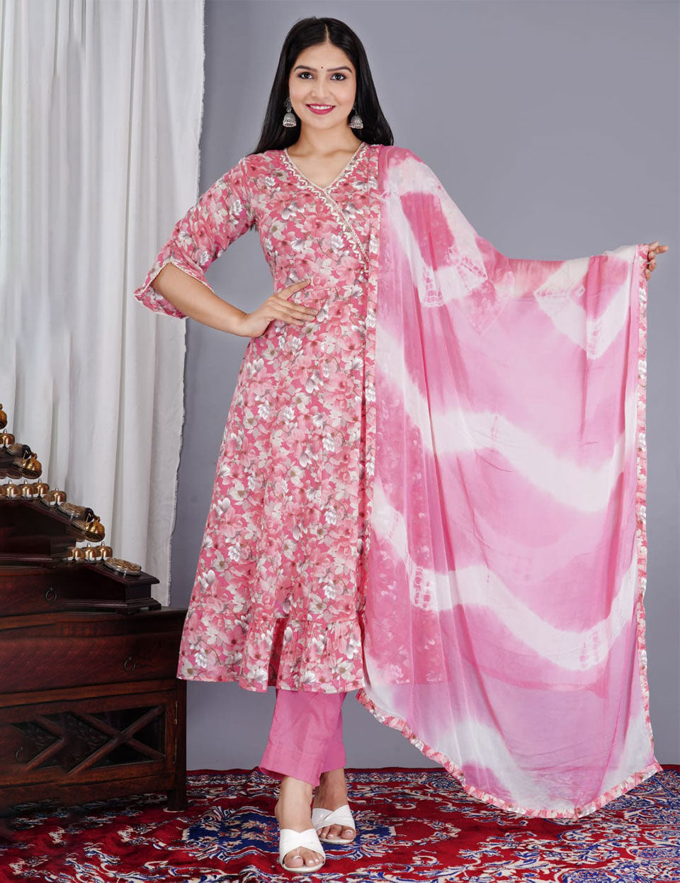 Pink Mulmul Floral Printed Dupatta Set