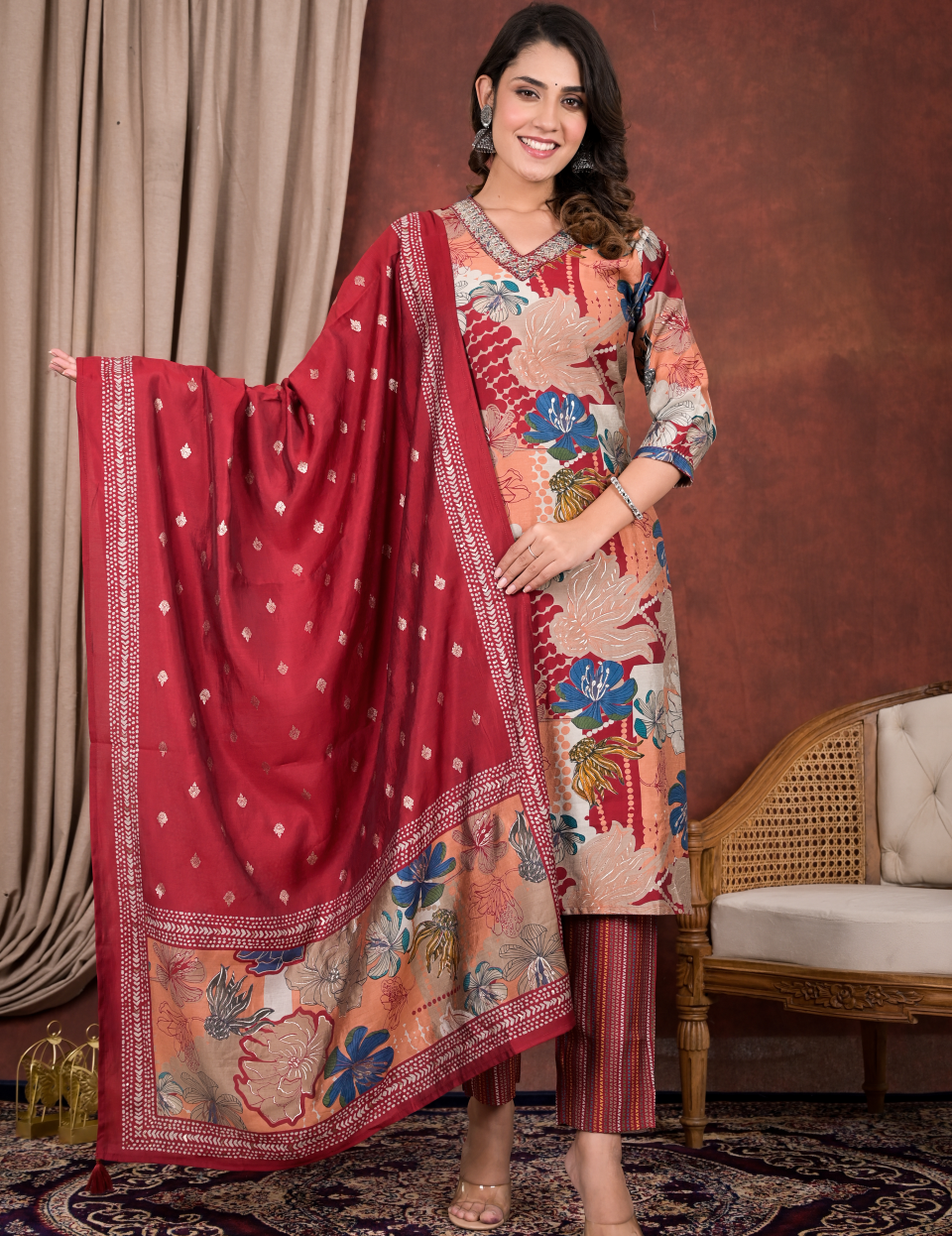 Red Modal Dupatta Set