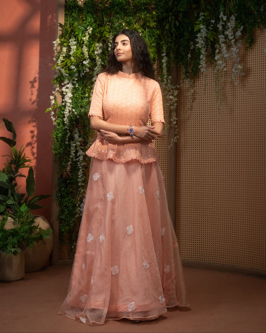 Peach Indo-Western peplum top with flared skirt
