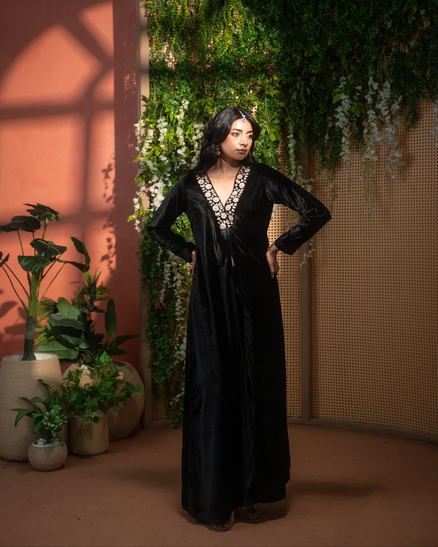 Black Velvet Embroidered Kurta Pant Set