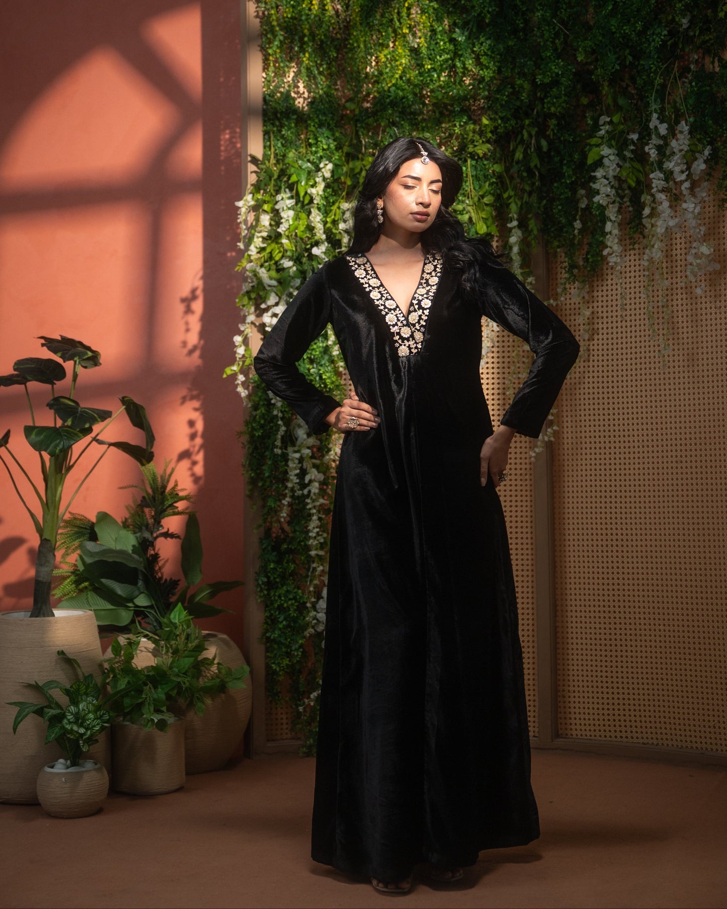 Black Velvet Embroidered Kurta Pant Set