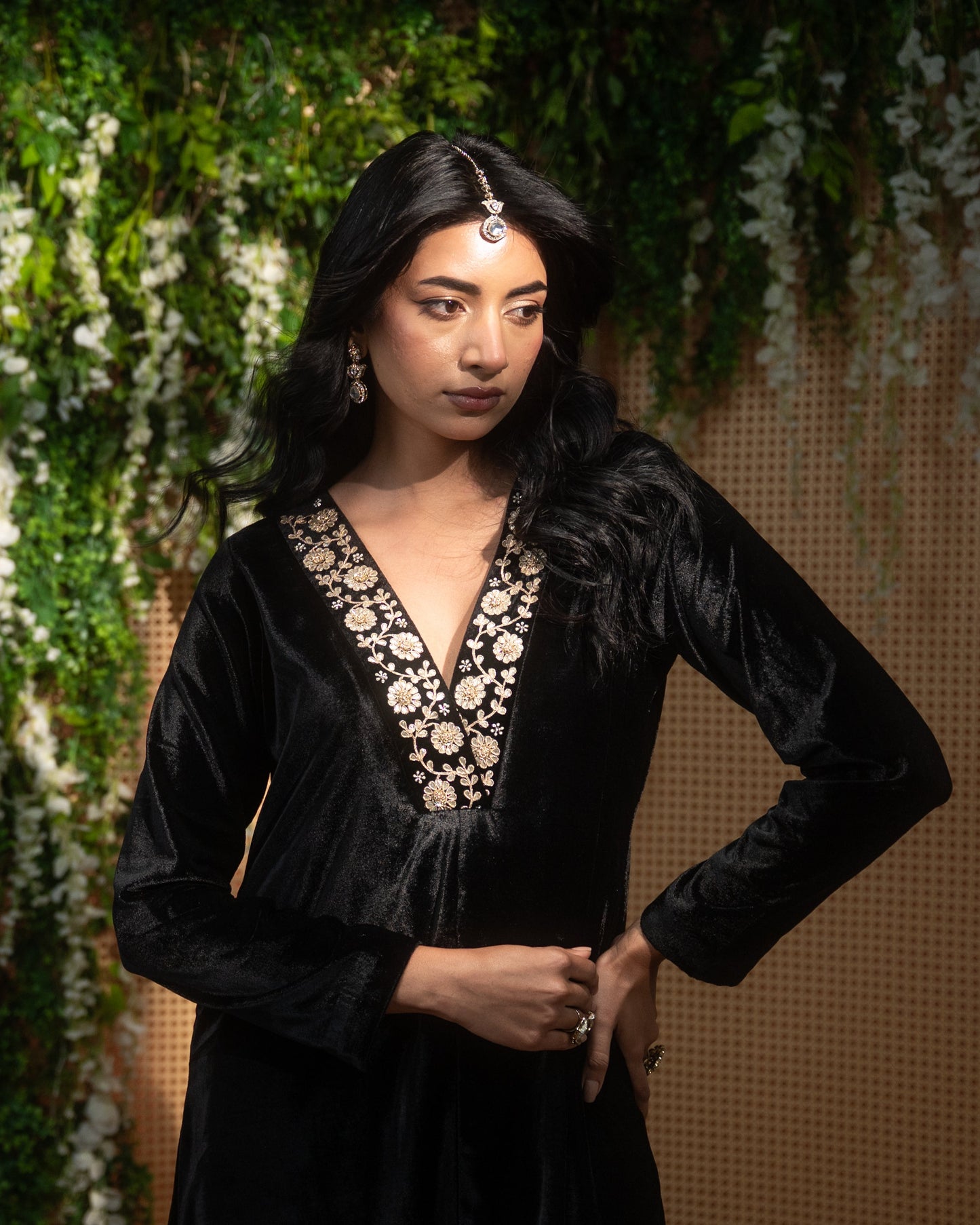 Black Velvet Embroidered Kurta Pant Set