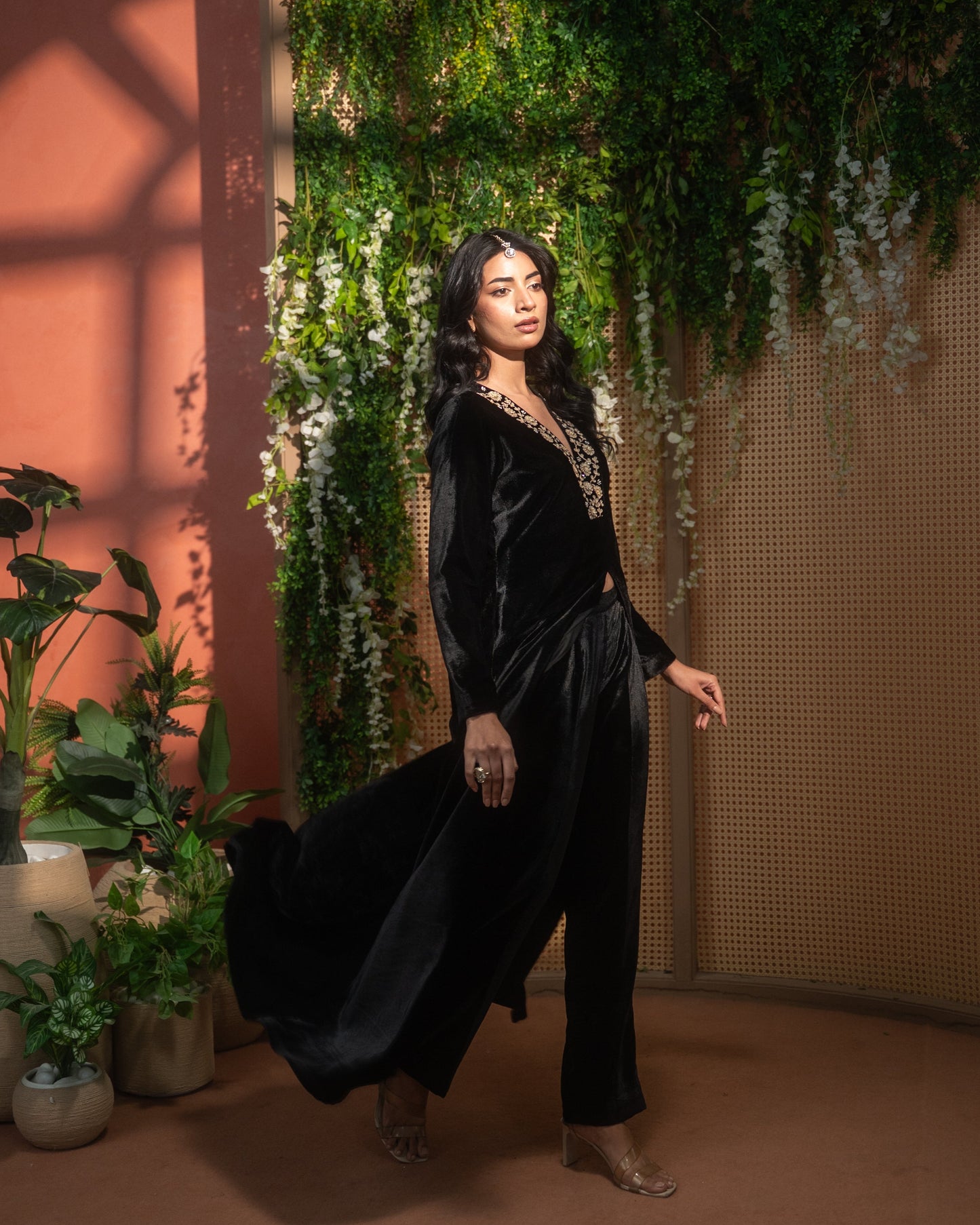 Black Velvet Embroidered Kurta Pant Set