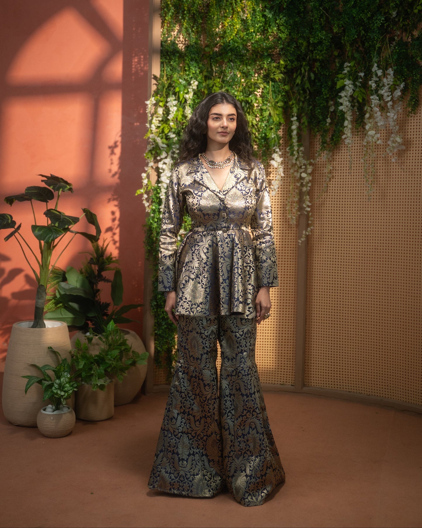 Brocade Indo-Western peplum top with flared pants