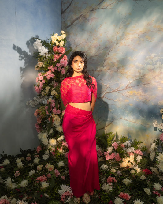 Indo-Western draped skirt set with lace cape blouse